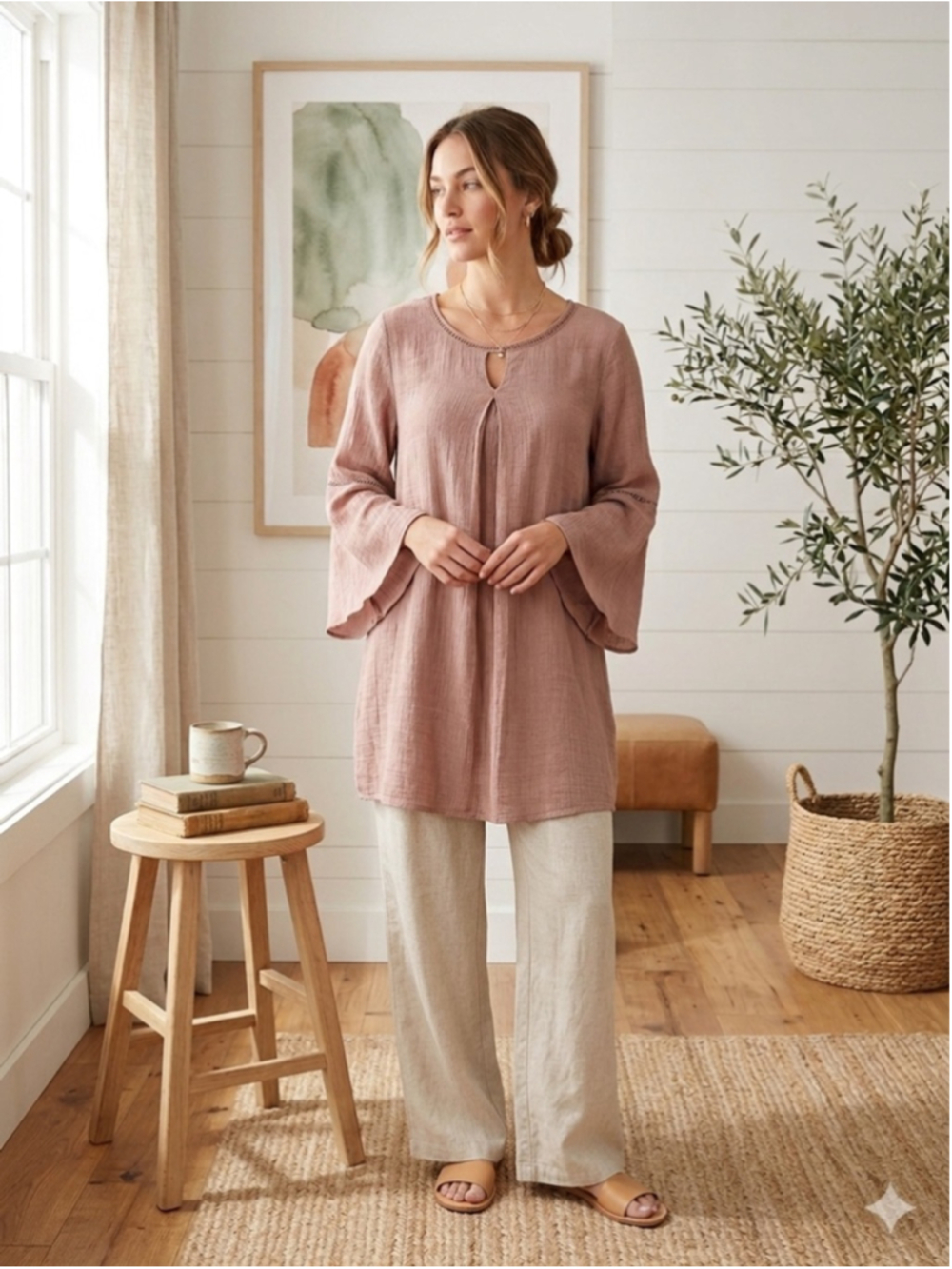 Forgotten Grace Mauve Boho Tunic Blouse L Bell Sleeve Pleated Textured Peasant T